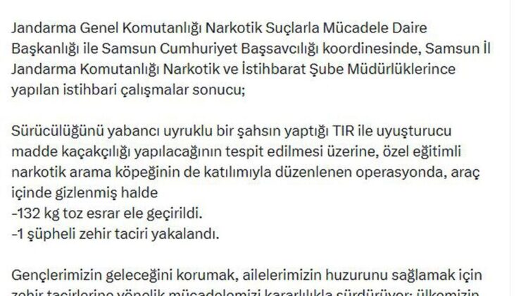 Samsun’da 132 kilo toz esrar ele geçirildi; 1 gözaltı