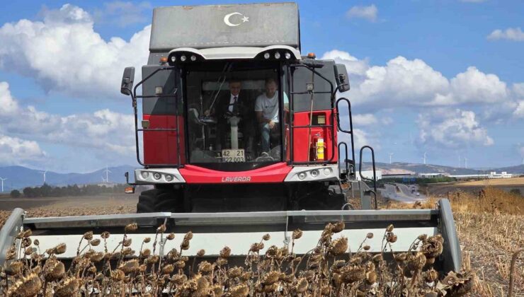 Bandırma Kaymakamı Öztürk, Beyköy’de biçerdöverle ayçiçeği hasadına katıldı