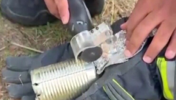 Kayseri Hacılar’da kafası konserve kutusuna sıkışan kediyi itfaiye kurtardı