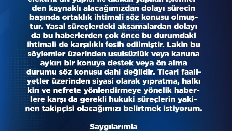 AK Parti Kayseri İl Başkanı Okandan, işletmeyle resmi ortaklığı olmadığını açıkladı