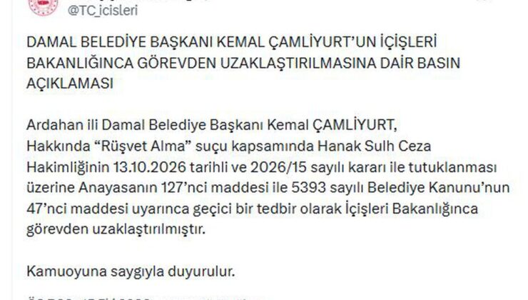 Ardahan Damal Belediye Başkanı Çamliyurt rüşvetten tutuklanıp görevden uzaklaştırıldı