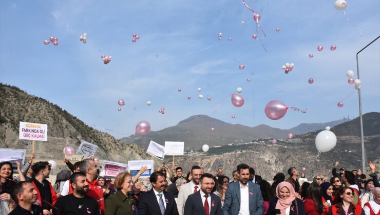 Artvin’de ‘Kansere Set Çek’ etkinliğinde Deriner Barajı’nda pembe balonlar bırakıldı
