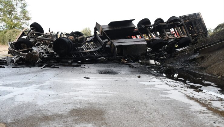 Düzce’de viyadükten düşen tır yandı, sürücü atlayarak kurtuldu