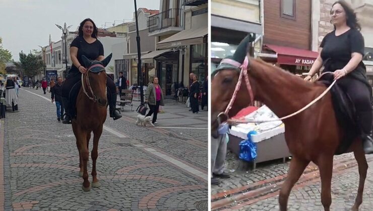 Edirne’de atıyla caddelerde gezen kadın ilgi odağı oldu