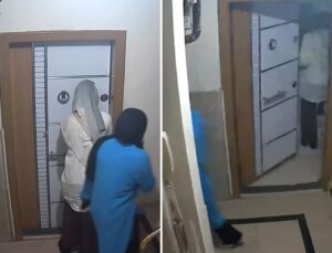 Hırsız kadınlar kamerada! Kapıyı açıp daireye girdiler ama o anda hiç beklemedikleri bir şey oldu