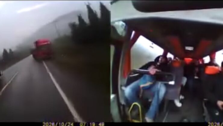 Karabük’te kamyonun hatalı sollaması işçi servisinde korkuya neden oldu, o an kamerada