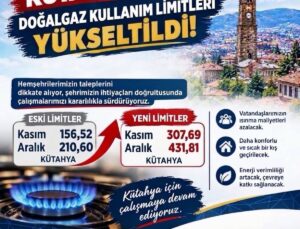 Kütahya’da doğal gaz limiti kasım için 307,69’a, aralık için 431,81’e çıkarıldı