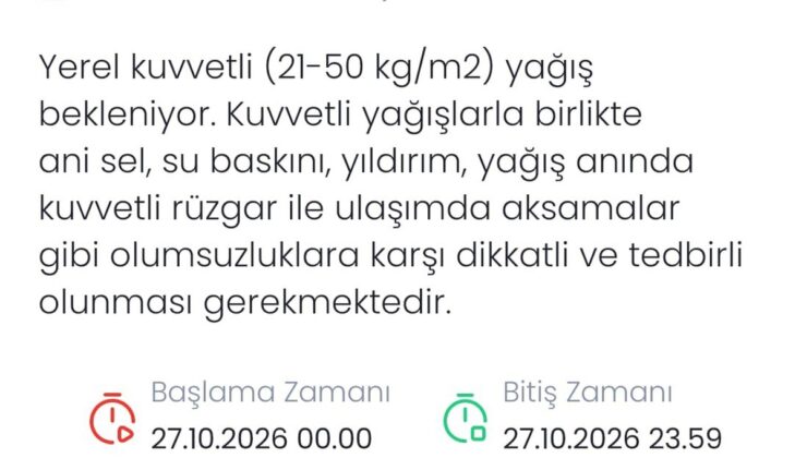 Meteoroloji Denizli’de 27 Ekim’de kuvvetli yağış için uyardı