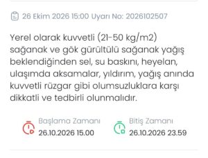 Meteoroloji Genel Müdürlüğü Denizli’de 26 Ekim’de kuvvetli sağanak konusunda uyardı
