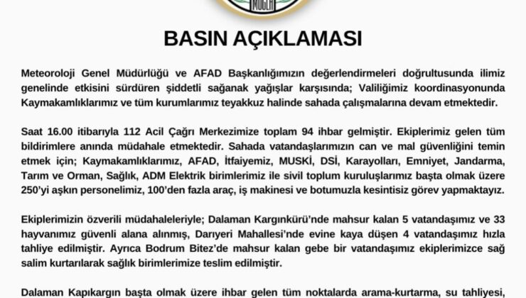 Muğla’da sağanakta 112’ye 94 ihbar geldi, Valilik 250’yi aşkın personelle çalışıyor