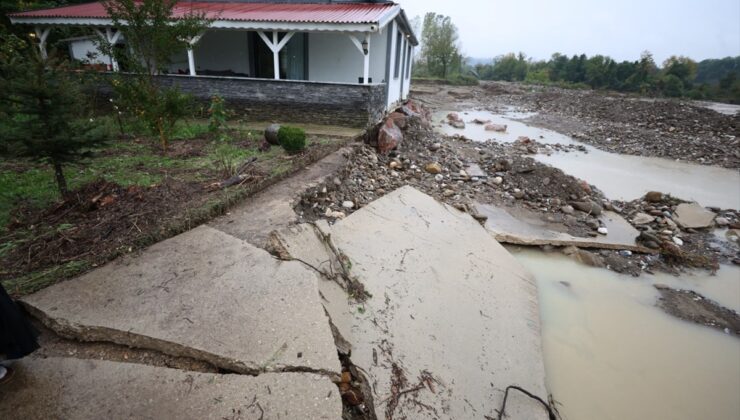Sakarya Karapürçek’te sel suları bir evin bahçesindeki meyve ağaçlarını söktü