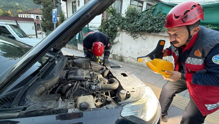 Sakarya Taraklı’da motor bölümüne sıkışan yavru kedi itfaiye ekibince kurtarıldı
